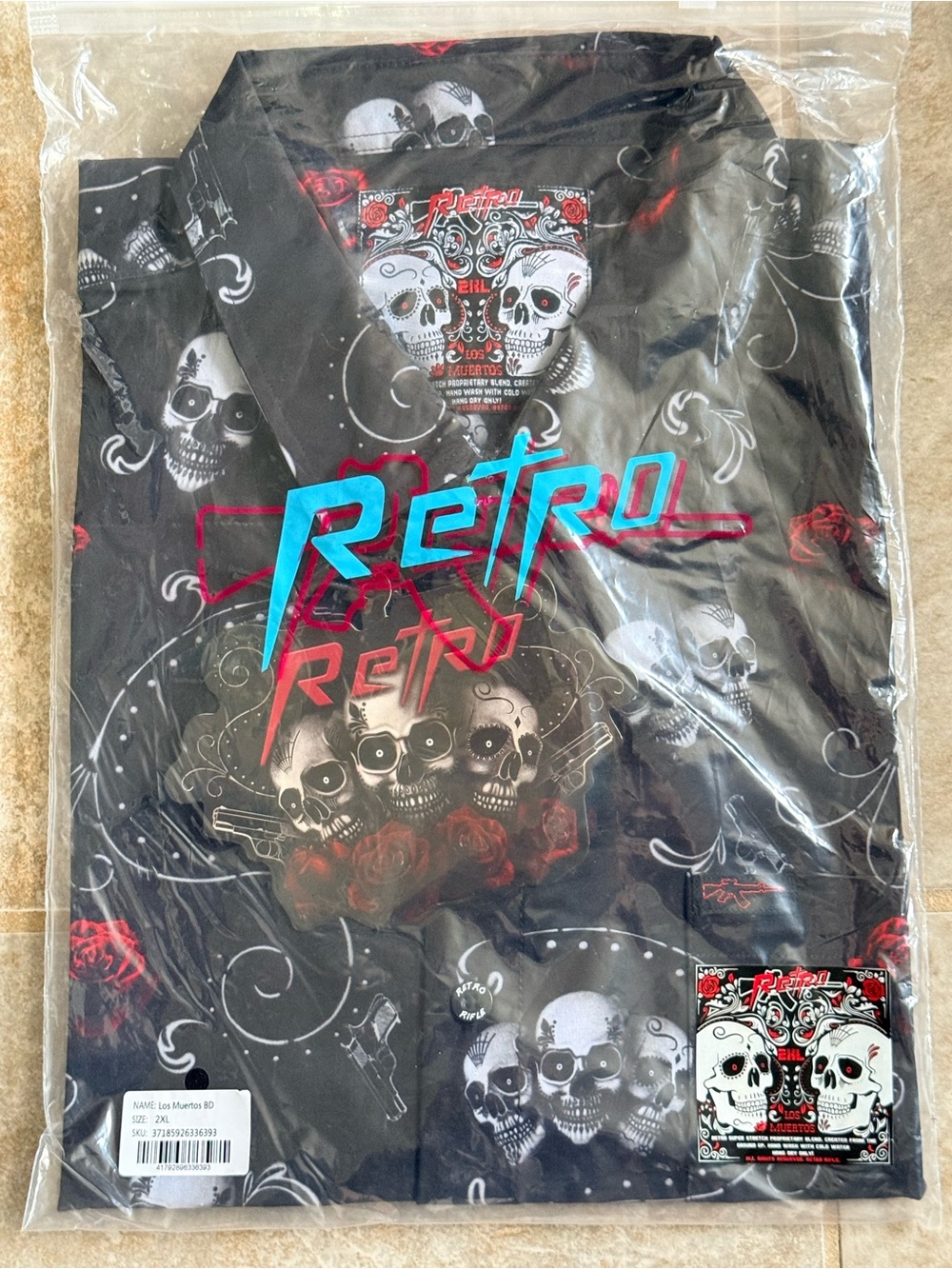 Retro Rifle Los Muertos 2XL Black Skull-Print Retro Logo Button-Down Shirt